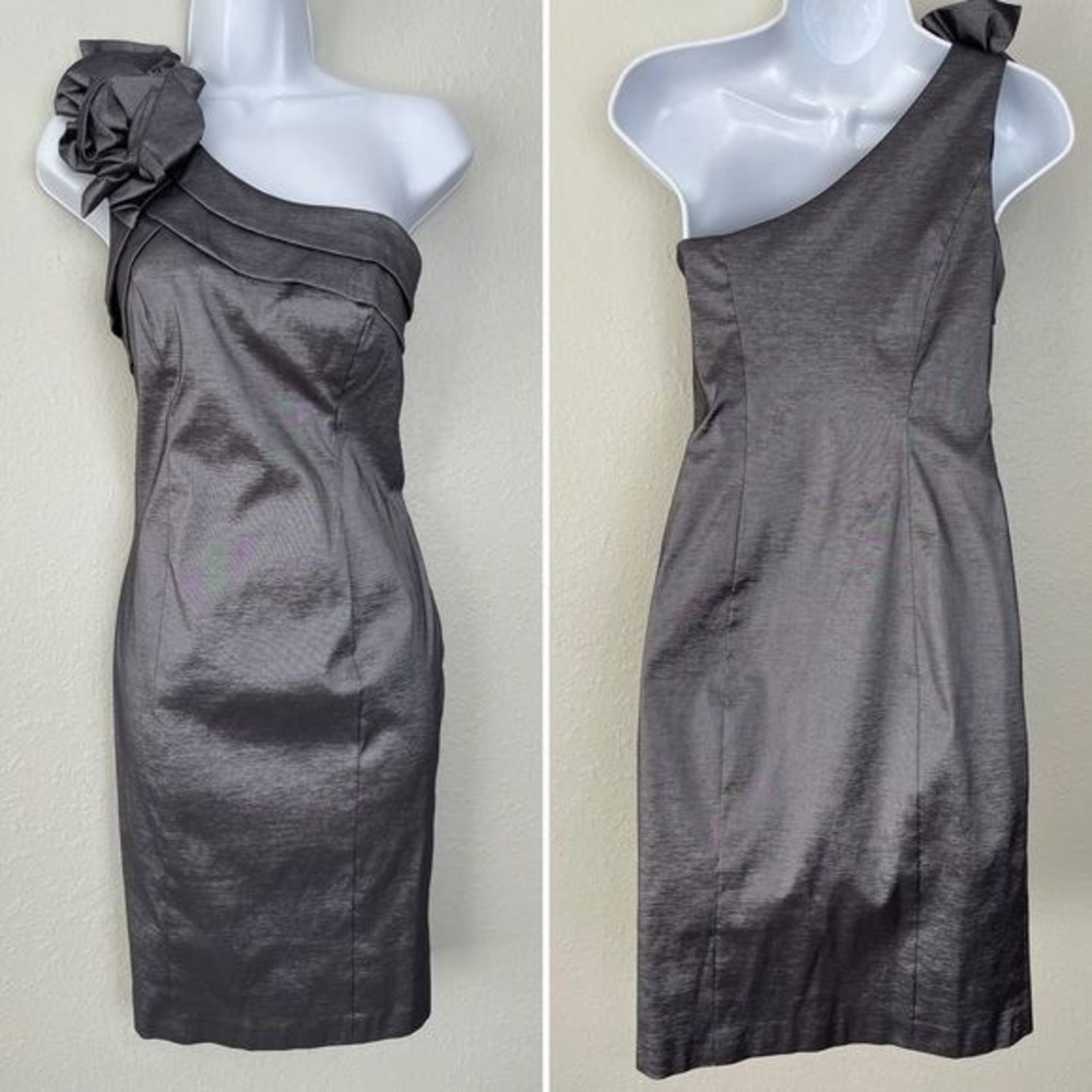 Xscape gray metallic Flower one shoulder sheath midi dress formal 6 - Picture 11 of 11